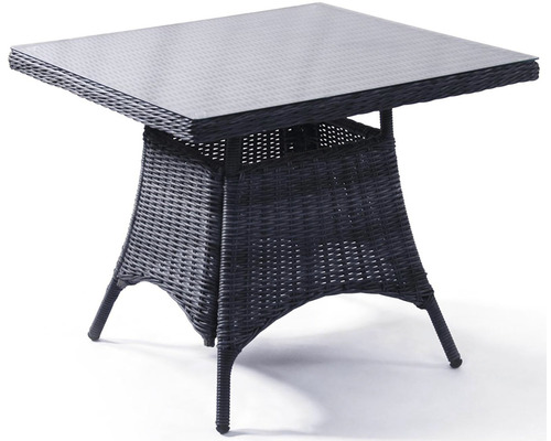Čtvercový zahradní stůl se skleněnou deskou a ratanovou strukturou
