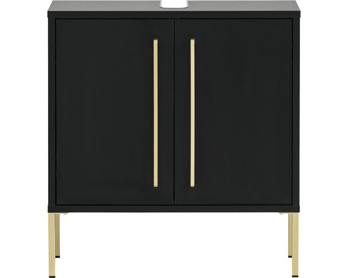 Černá skříňka pod umyvadlo se zlatými úchyty a nožičkami