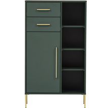 Skříň se dvěma zásuvkami, jedněmi dveřmi a otevřenými policemi