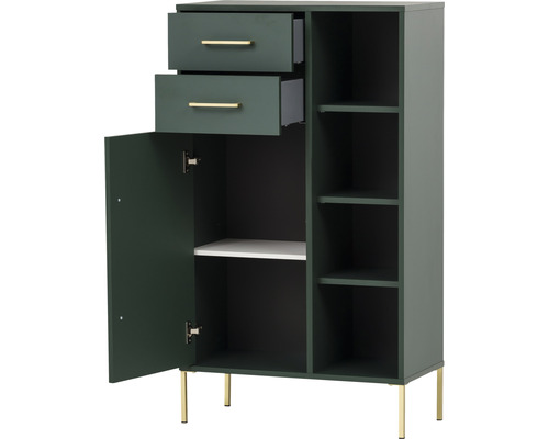 Zelená skříňka se zásuvkami, dvířky a policemi