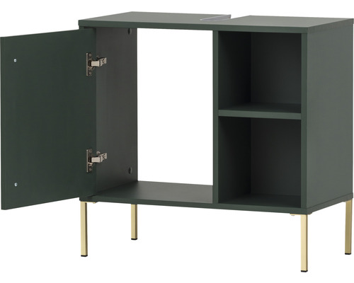 Skříňka pod umyvadlo s otevřenými dvířky a policemi