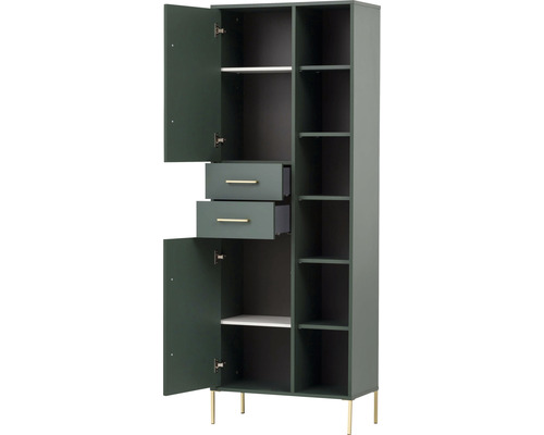 Otevřená víceúčelová skříň se zásuvkami a policemi