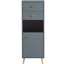 Úzká koupelnová skříňka se dvěma zásuvkami, otevřenou přihrádkou a dvířky