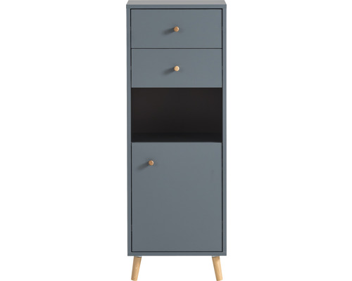 Úzká koupelnová skříňka se dvěma zásuvkami, otevřenou přihrádkou a dvířky