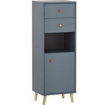 Úzká koupelnová skříňka se dvěma zásuvkami, otevřenou policí a dvířky