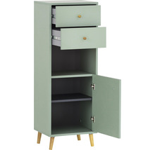 Úzká skříňka se dvěma zásuvkami, jedněmi dvířky a dvěma policemi