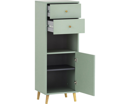 Úzká skříňka se dvěma zásuvkami, jedněmi dvířky a dvěma policemi