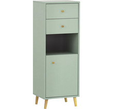 Úzká světle zelená koupelnová skříňka se dvěma zásuvkami, otevřenou přihrádkou a dvířky