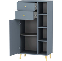 Šedá víceúčelová skříň se dvěma zásuvkami, jedněmi dvířky a otevřenými policemi