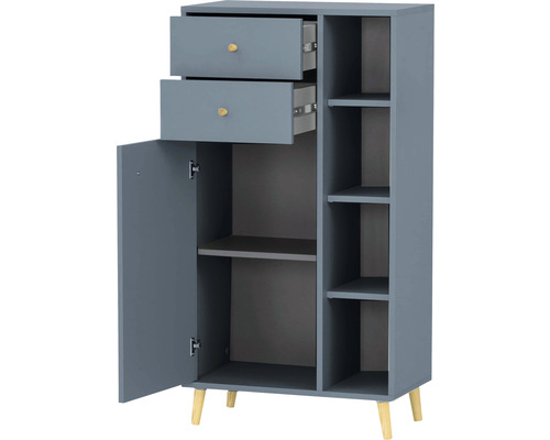 Šedá víceúčelová skříň se dvěma zásuvkami, jedněmi dvířky a otevřenými policemi