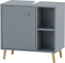 Šedá skříňka pod umyvadlo s dvířky, úchytkou a otevřenou policí