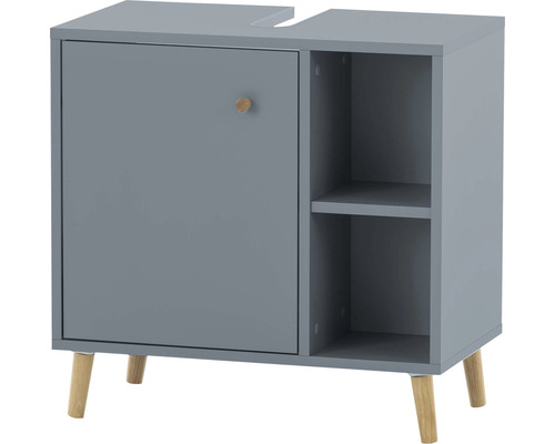 Šedá skříňka pod umyvadlo s dvířky, úchytkou a otevřenou policí