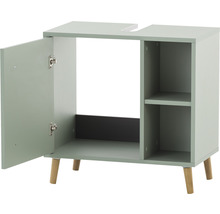 Skříňka pod umyvadlo s otevřenými dvířky a policemi