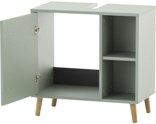 Skříňka pod umyvadlo s otevřenými dvířky a policemi