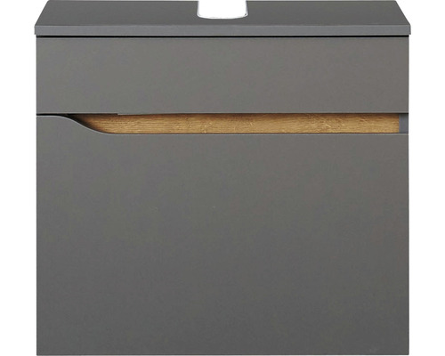 Šedá skříňka pod umyvadlo s dřevěným akcentem