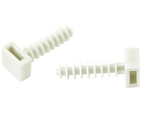 Dva bílé plastové šrouby s obdélníkovou hlavou a rýhovaným dříkem