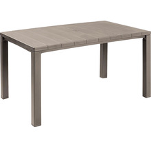 Obdélníkový zahradní stůl s deskou imitující dřevo a čtyřmi nohami