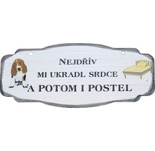 Štítek s motivem psa a textem ''Nejdřív mi ukradl srdce a potom i postel''