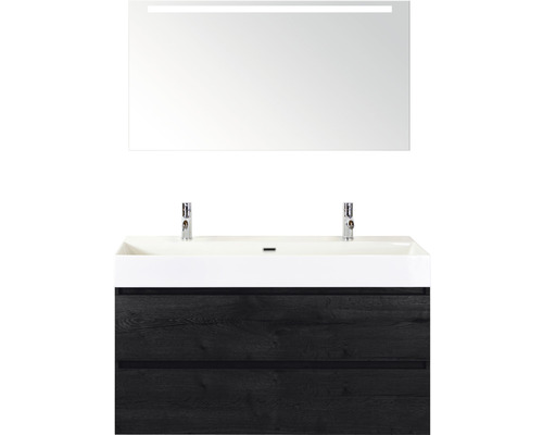 Koupelnový nábytkový set Sanox Maxx XL barva čela black oak ŠxVxH 121 x 183 x 45,5 cm s keramickým dvojitým umyvadlem a zrcadlem s LED osvětlením