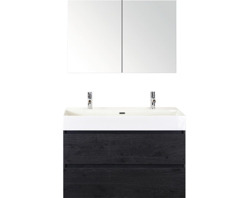 Koupelnový nábytkový set Sanox Maxx XL barva čela black oak ŠxVxH 101 x 170 x 45,5 cm s keramickým dvojitým umyvadlem a zrcadlovou skříňkou