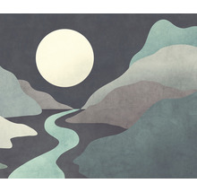 Ilustrace měsíční krajiny s horami a řekou