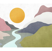 Ilustrace krajiny s řekou a sluncem