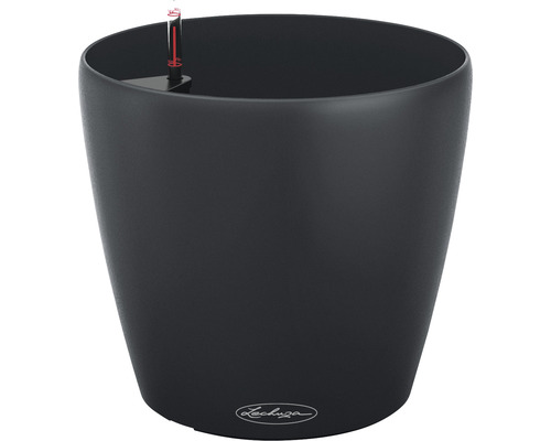 Černý květináč s ukazatelem hladiny vody