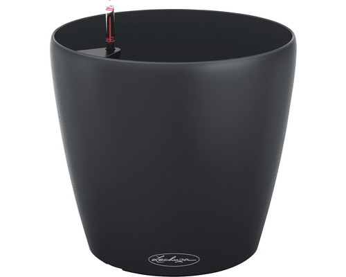 Černý květináč se zavlažovacím systémem a logem Lechuza