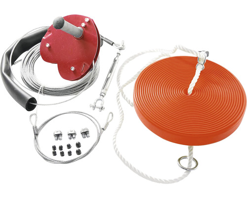 Lanovka se sadou s červeným držákem, ocelovým lanem, napínákem, drátěnými svorkami a oranžovým talířem