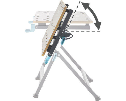 Nastavitelný pracovní stůl se skládací funkcí a šipkou naznačující sklon.