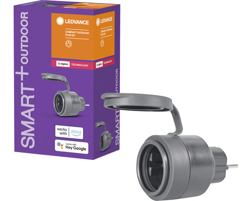 LEDVANCE Smart+ venkovní zásuvka s ochrannou klapkou a obalem produktu