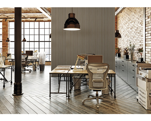 Kancelářský prostor se stoly, židlemi, osvětlením a kancelářskými potřebami v moderním designu