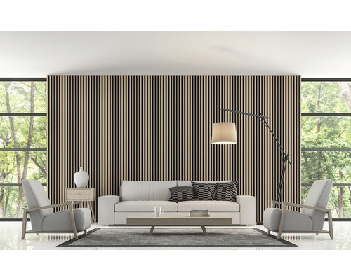 Obývací pokoj s nástěnnými panely, pohovkou, křesly a stojací lampou pro moderní interiér.