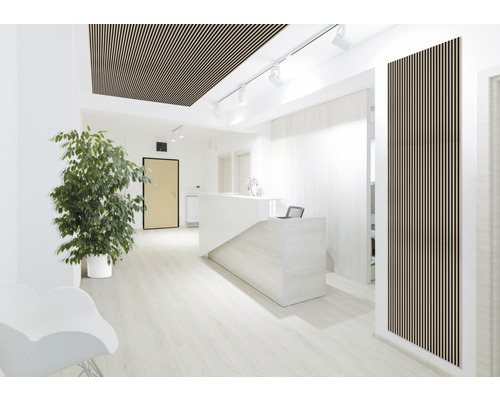 Světlá místnost s dřevěným lamelovým stropem a stěnovými panely, recepcí a pokojovou rostlinou.