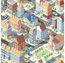 Ilustrace rušného města s budovami, ulicemi a lidmi