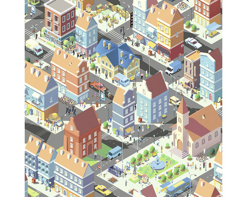 Ilustrace rušného města s budovami, ulicemi a lidmi