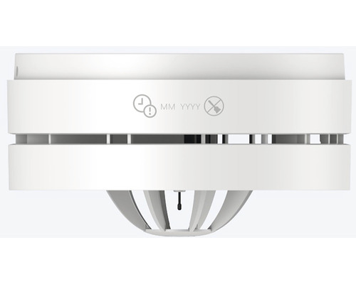 Hlásič kouře se symboly pro výměnu baterie, datum výroby a upozornění na údržbu