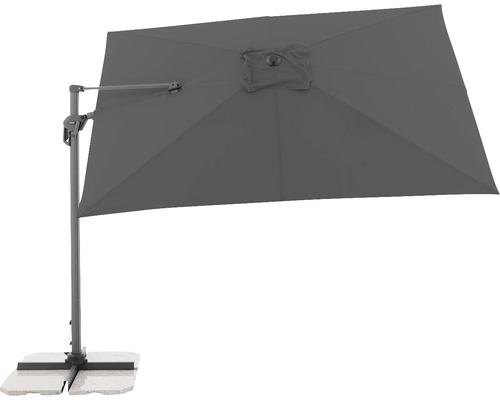 Obdélníkový slunečník s boční nohou a stojanem pro zahradu nebo terasu.