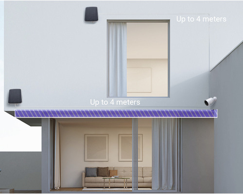 Fasáda domu s venkovním osvětlením a bezpečnostní kamerou, dosah až 4 metry