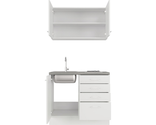 Kuchyňská linka s dřezem, vodovodní baterií, zásuvkami a závěsnou skříňkou