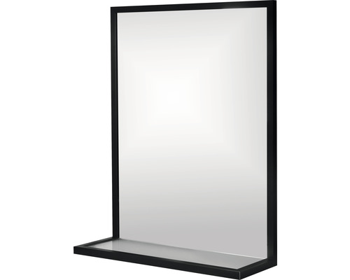 Obdélníkové zrcadlo s černým rámem a poličkou