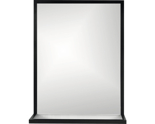 Obdélníkové zrcadlo s černým rámem a policí