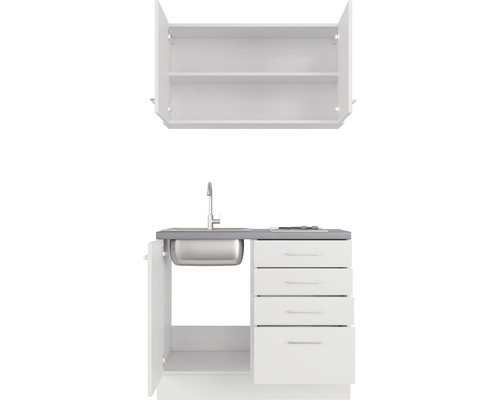 Kompaktní kuchyňská linka s dřezem, varnou deskou, spodní skříňkou se zásuvkami a závěsnou skříňkou