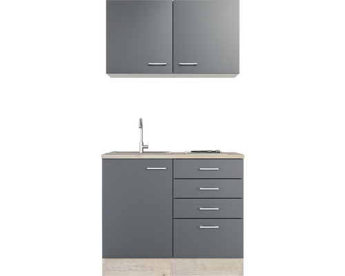 Kompaktní kuchyňská linka s dřezem, zásuvkami a závěsnými skříňkami