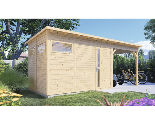 Dřevěný zahradní domek Bertilo Pentus 3 přírodní 558 x 234 cm vč. přístřešku Zahradní domek s přístavbou a jízdními koly na zahradě