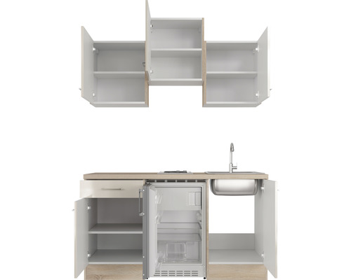 Kuchyňská linka s dřezem, lednicí a skříňkami