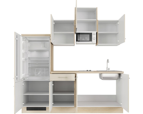 Kuchyňská linka s lednicí, umyvadlem, mikrovlnnou troubou a úložným prostorem