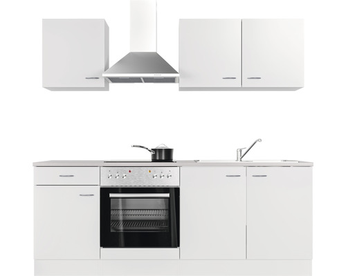 Bílá vestavěná kuchyně s dřezem, sporákem, troubou, digestoří a skříňkami