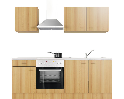 Kuchyňská linka s dřezem, sporákem, troubou, digestoří a závěsnými skříňkami