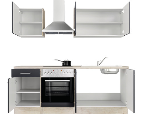 Kuchyňská linka s dřezem, sporákem, troubou, odsavačem par a závěsnými skříňkami